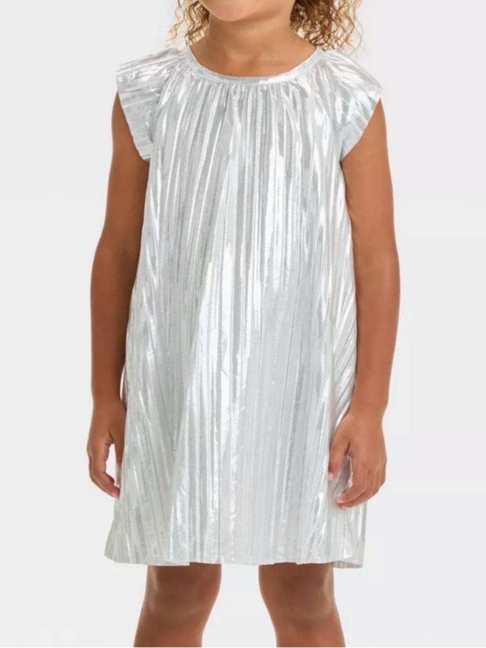 Girls' Silver Metallic Pleated Party Dress